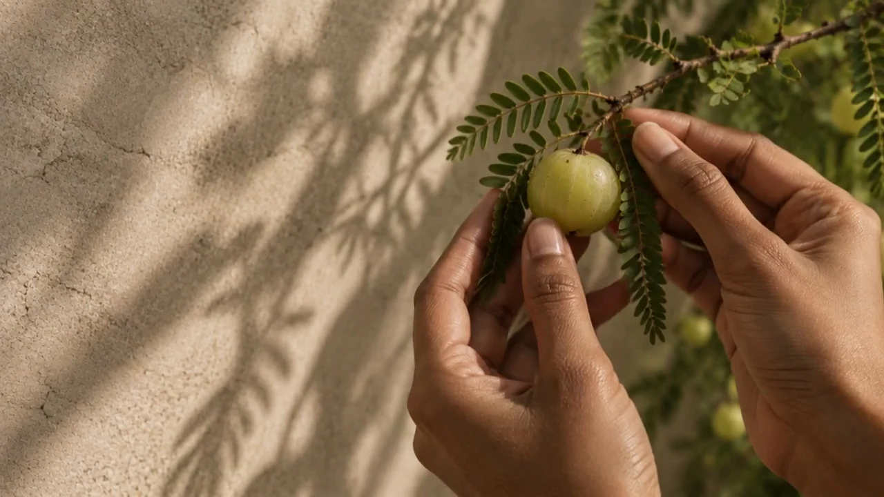 Hands gently turning an Indian gooseberry beside a leafy branch