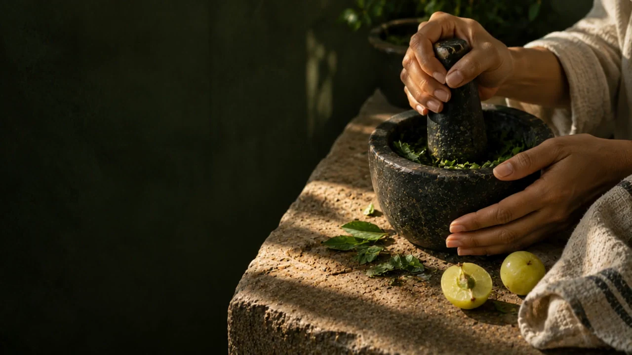 Hands working leaves in a stone mortar
