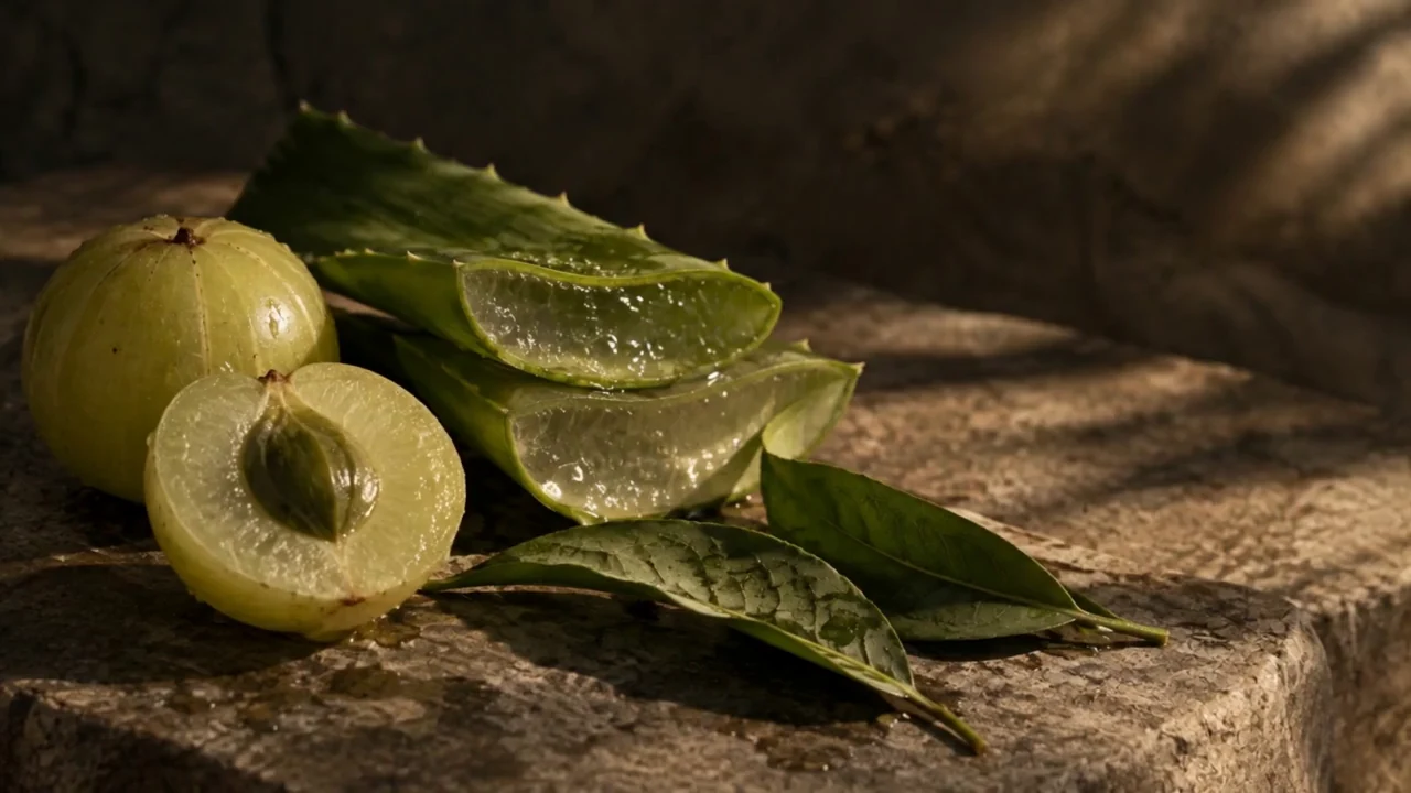 Amla, aloe and green leaves in a slowly moving botanical still life