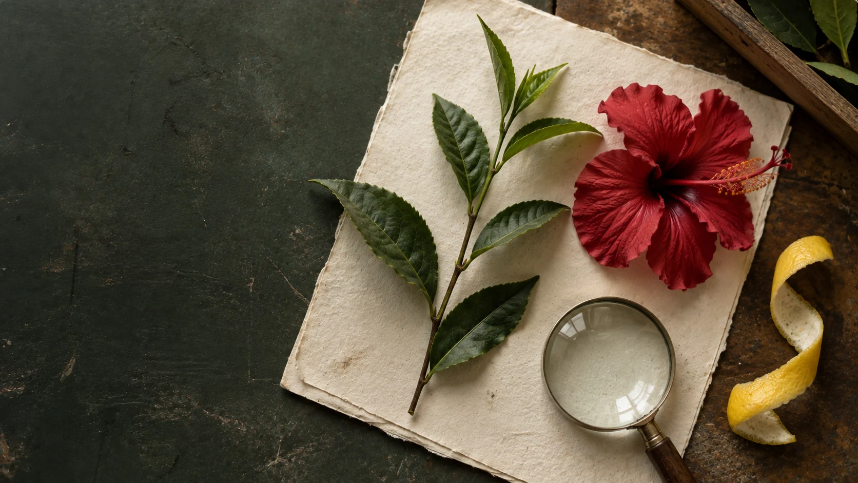 A documentary still life of botanical specimens on uncoated paper