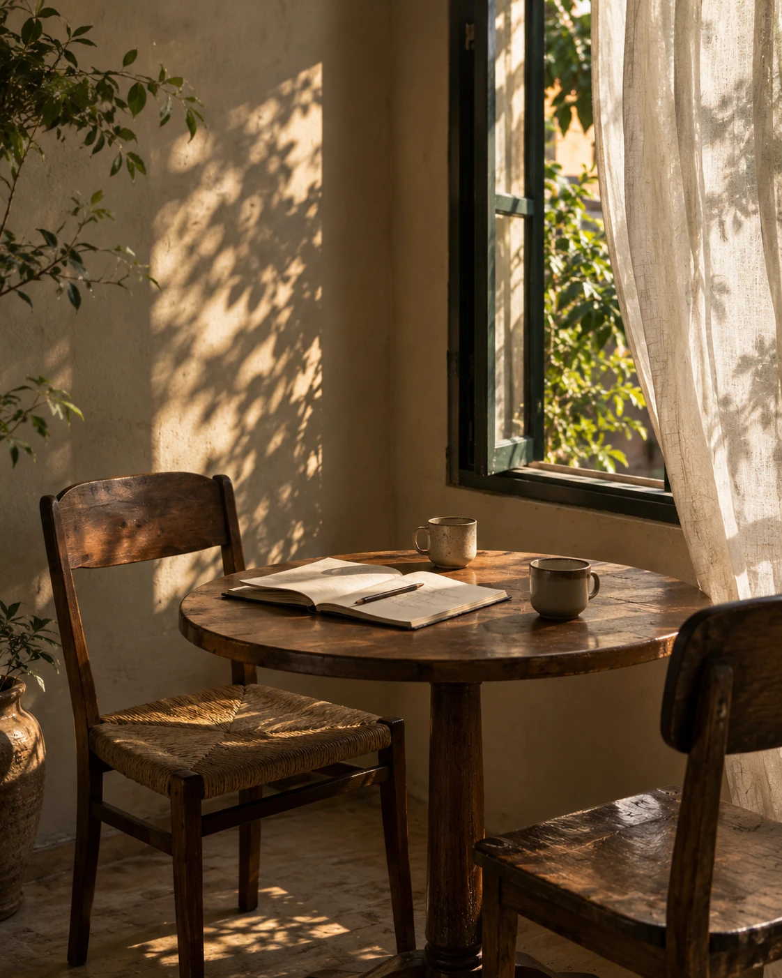 Two chairs and a notebook in a welcoming sunlit room