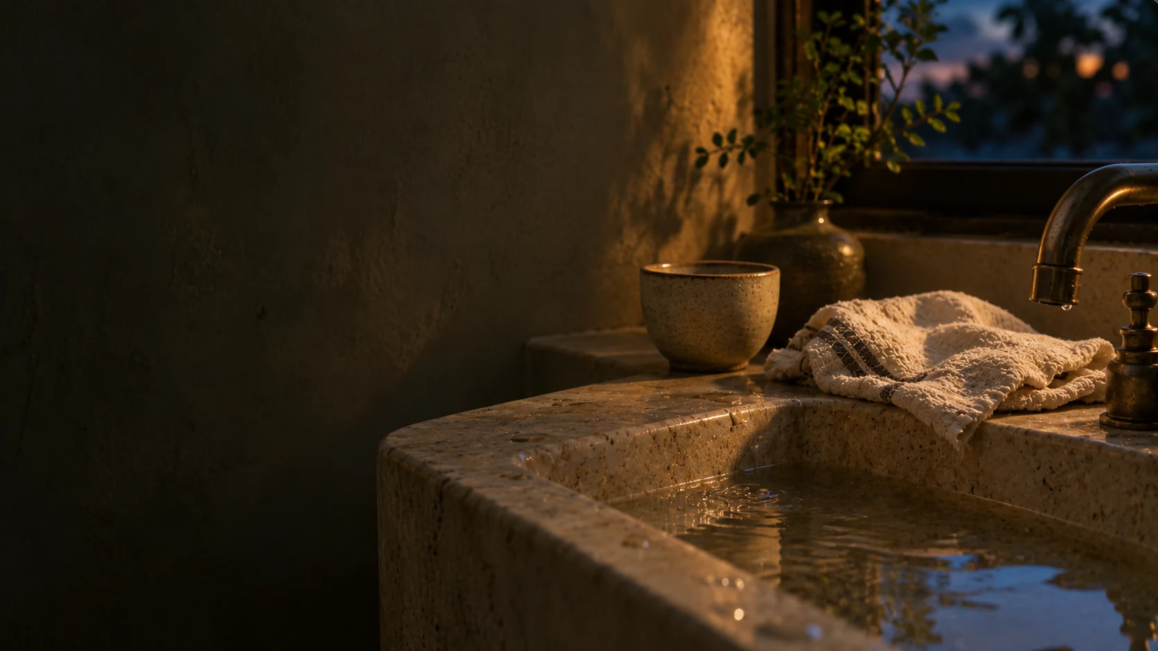 A quiet evening basin with water and a folded cotton cloth