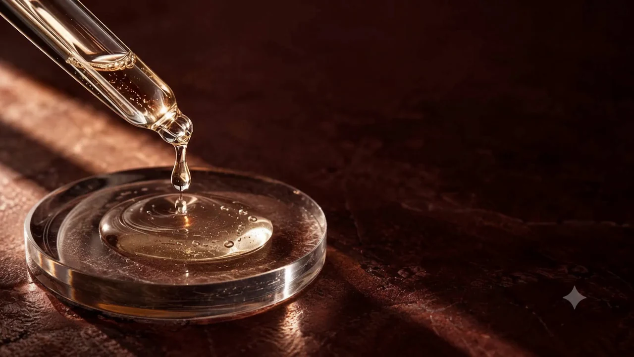 A glass pipette and a clear drop on a glass disc