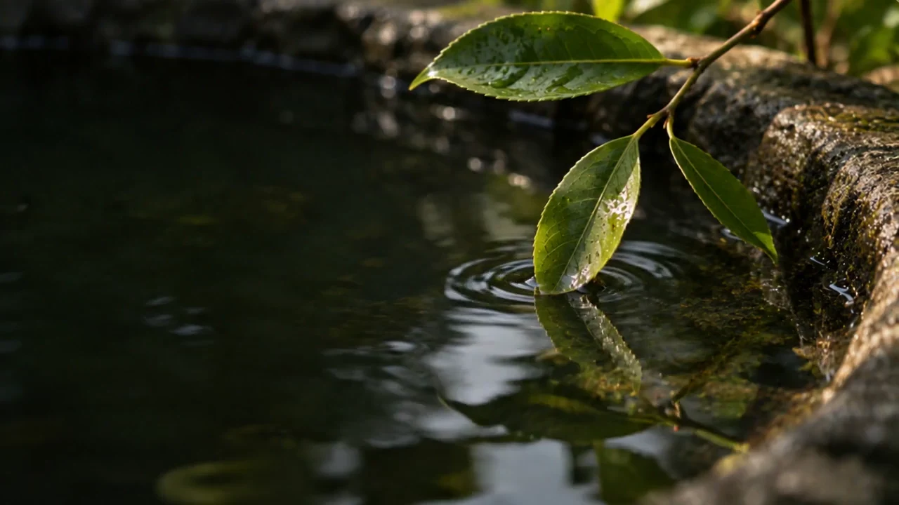 Green leaves touching water over weathered stone