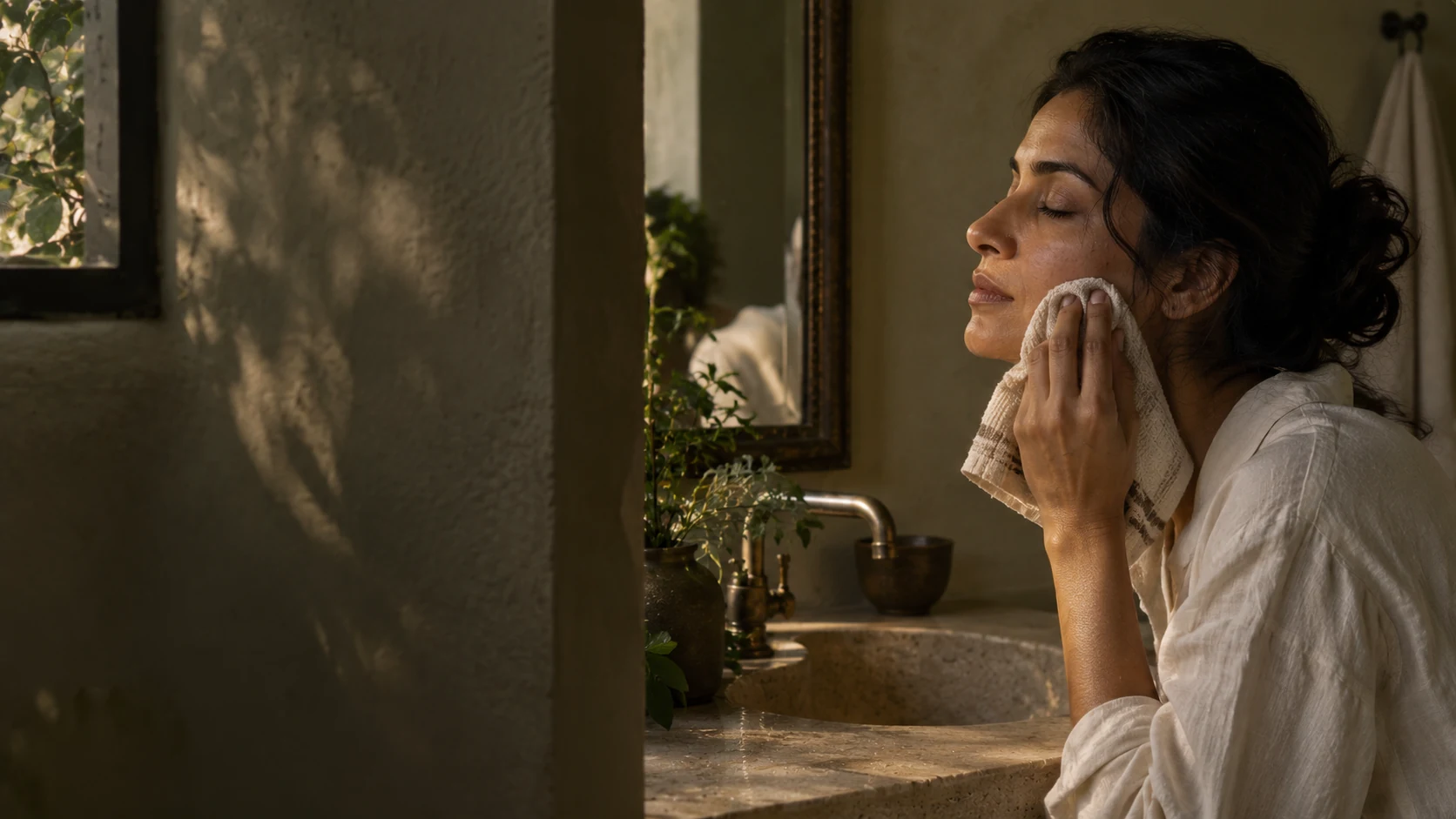 A woman taking a quiet moment at a washbasin