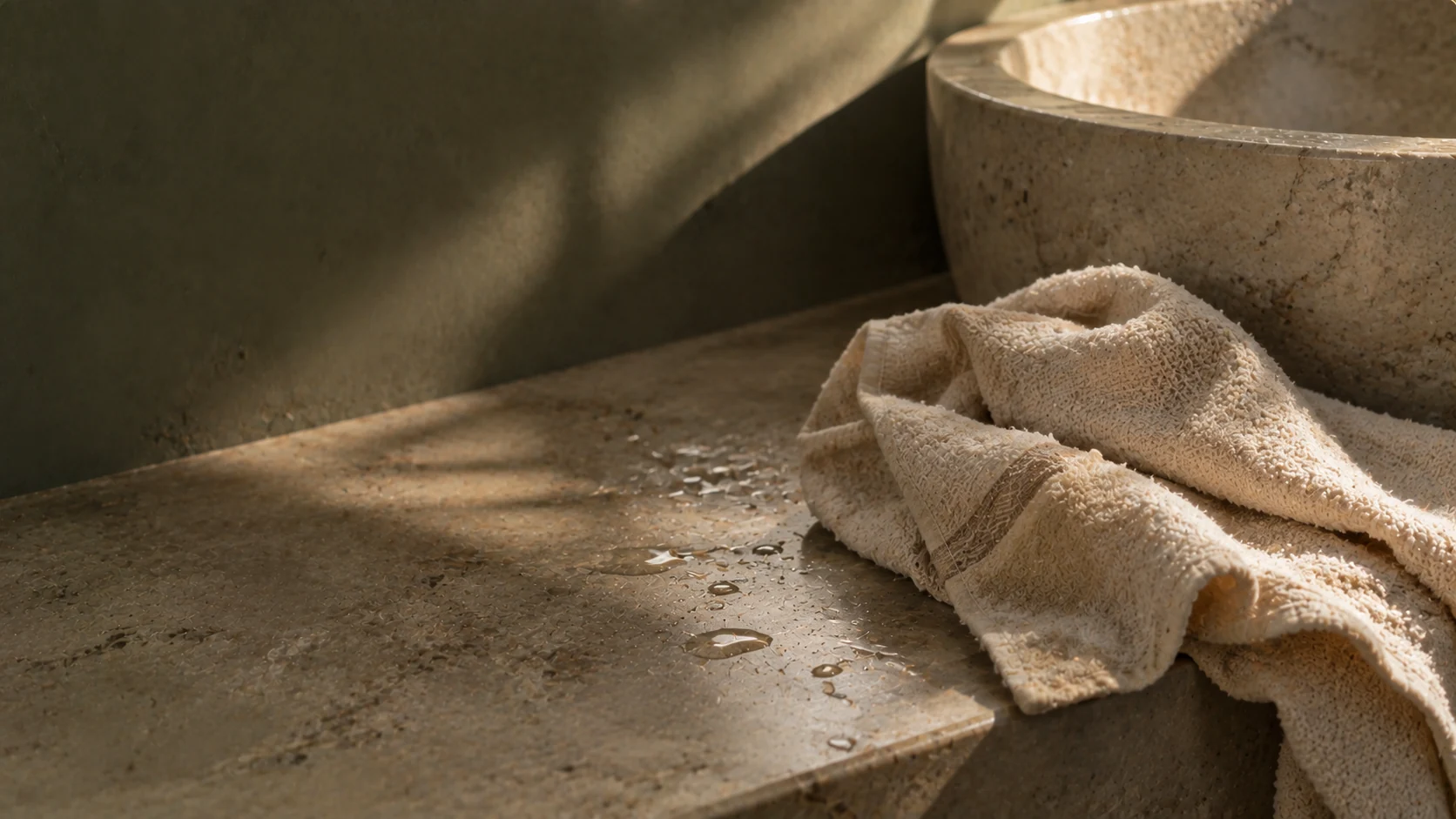 A folded cotton cloth beside a basin in quiet afternoon light