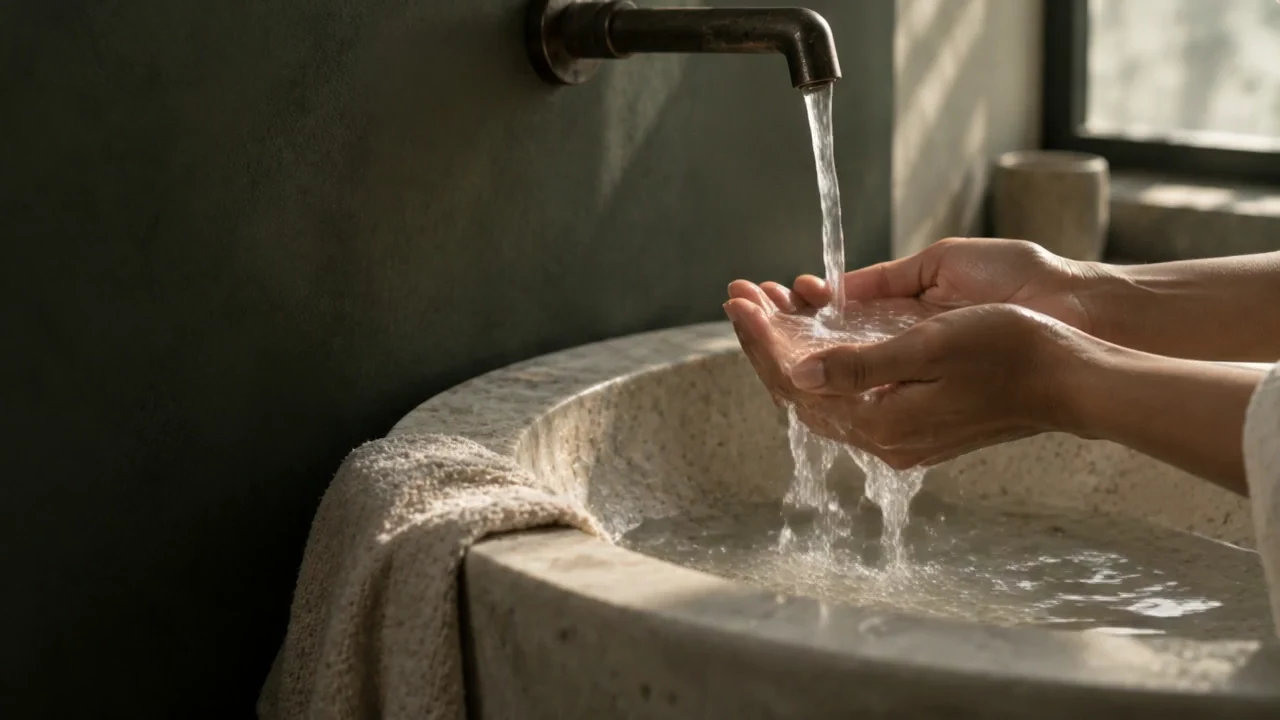 Hands gently catching water over a stone basin