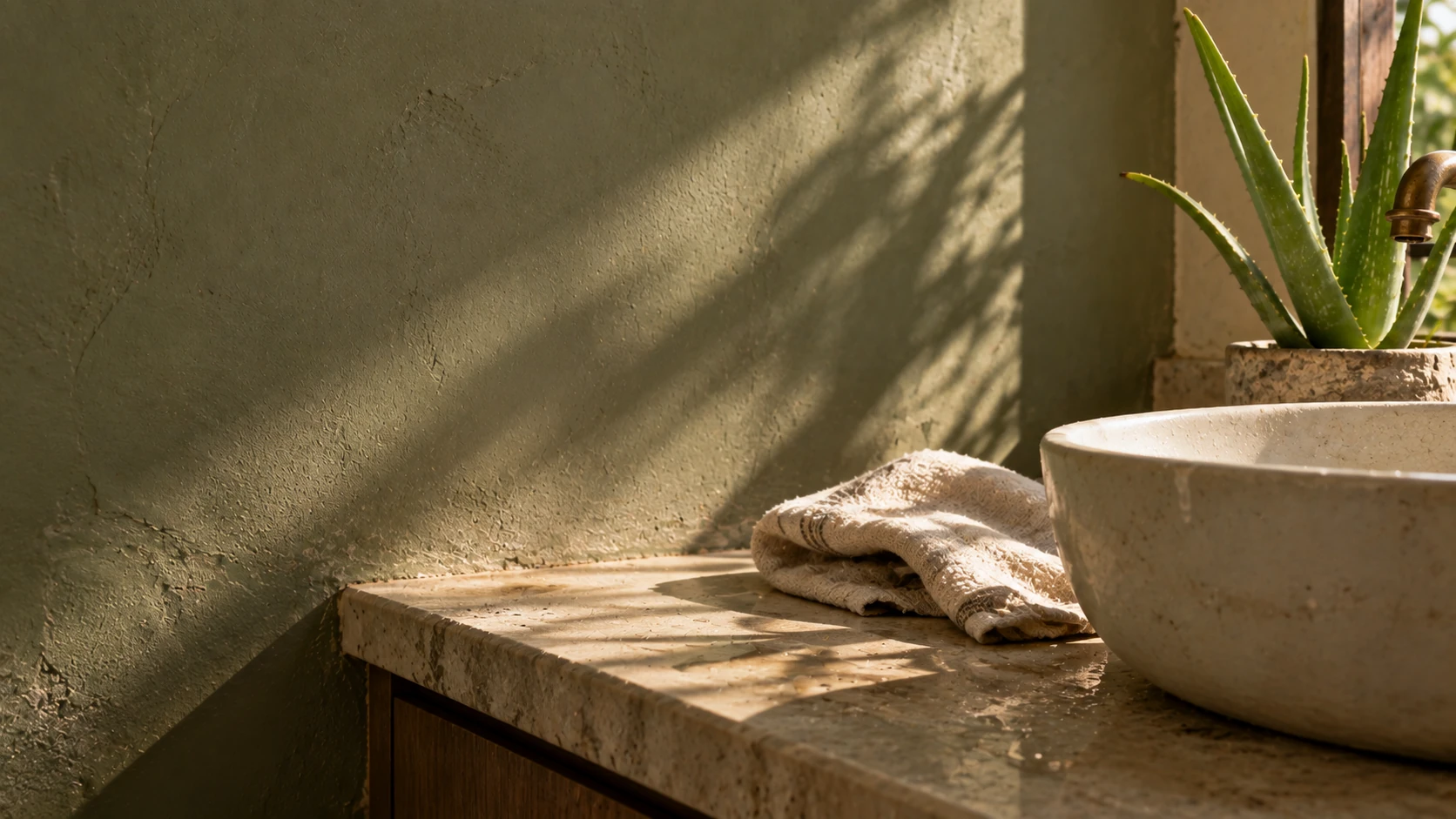 A cotton cloth beside a ceramic wash basin