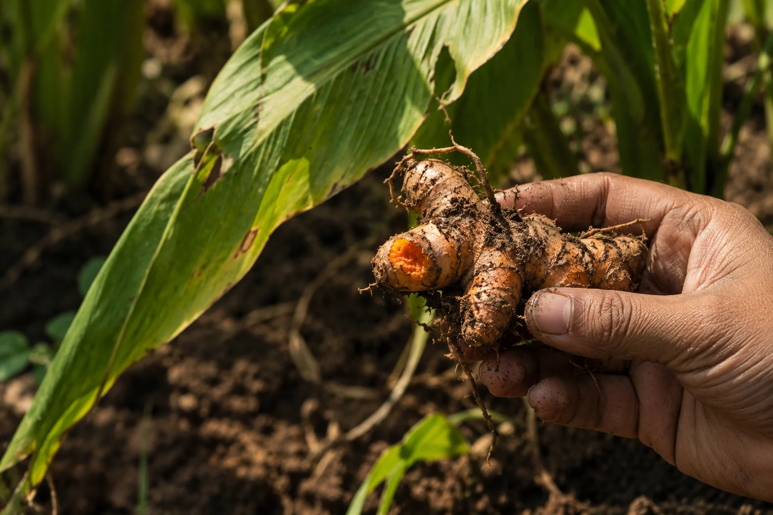 An illustrative close study of a freshly lifted turmeric root