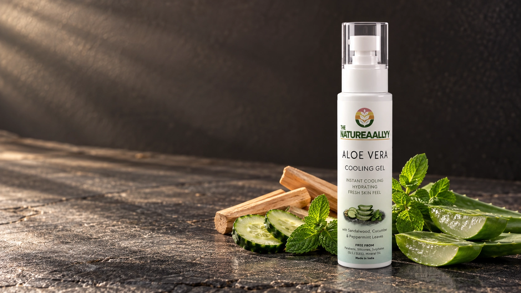 Cooling Gel with its hero botanicals on stone