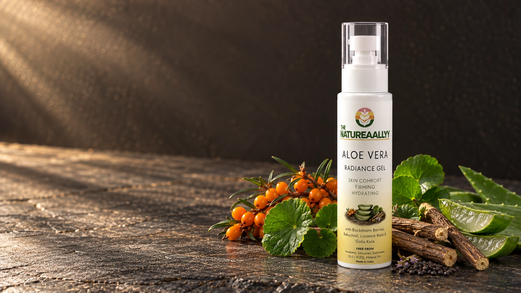 Radiance Gel with its hero botanicals on stone