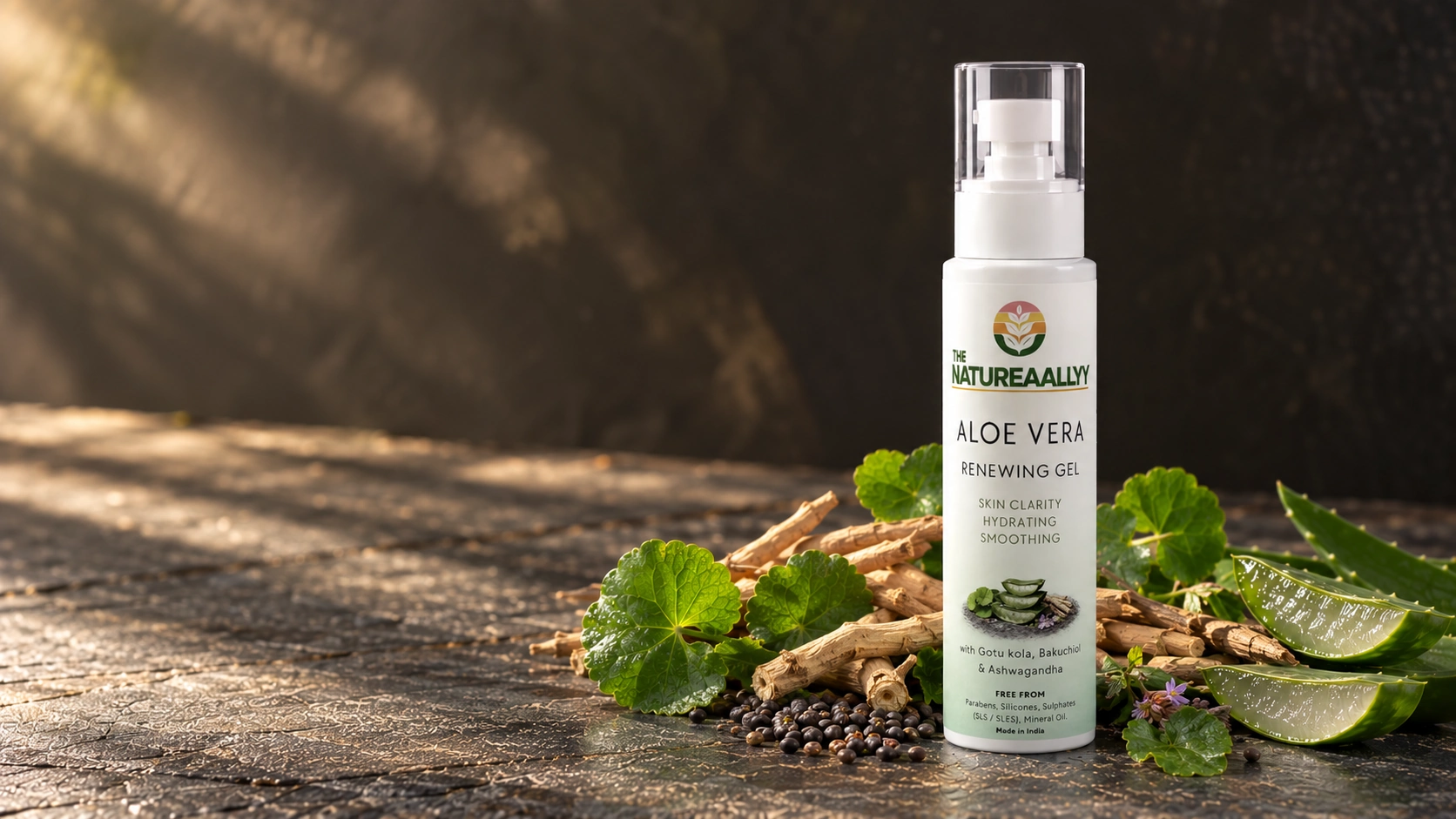 Renewing Gel with its hero botanicals on stone