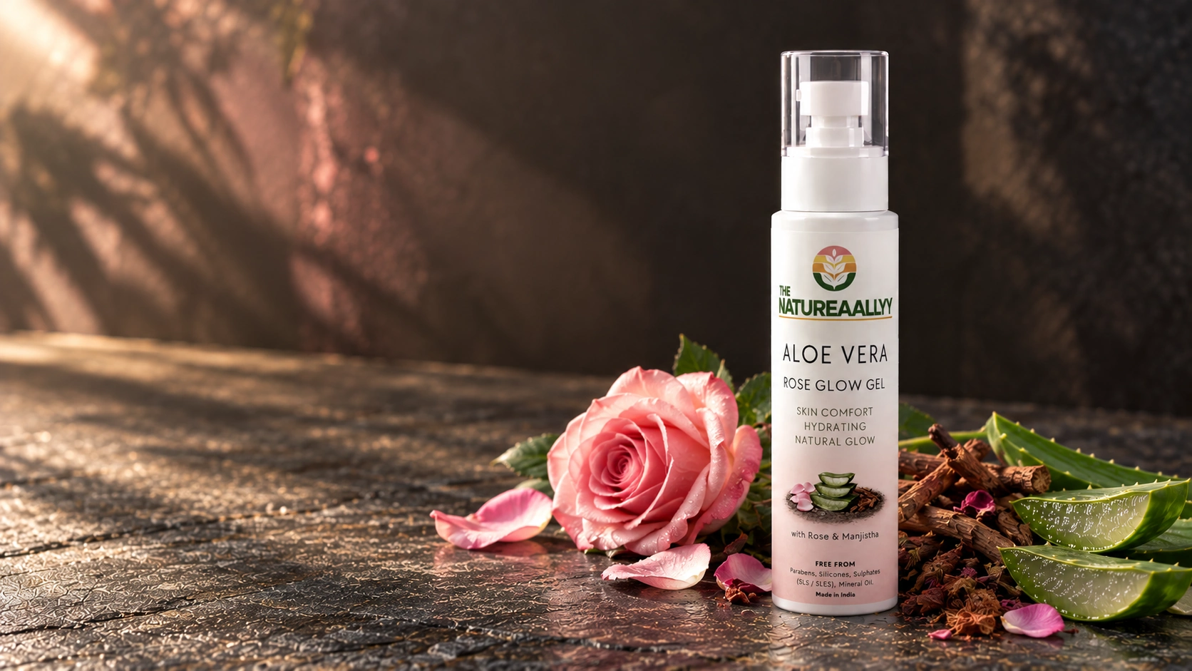 Rose Glow Gel with its hero botanicals on stone