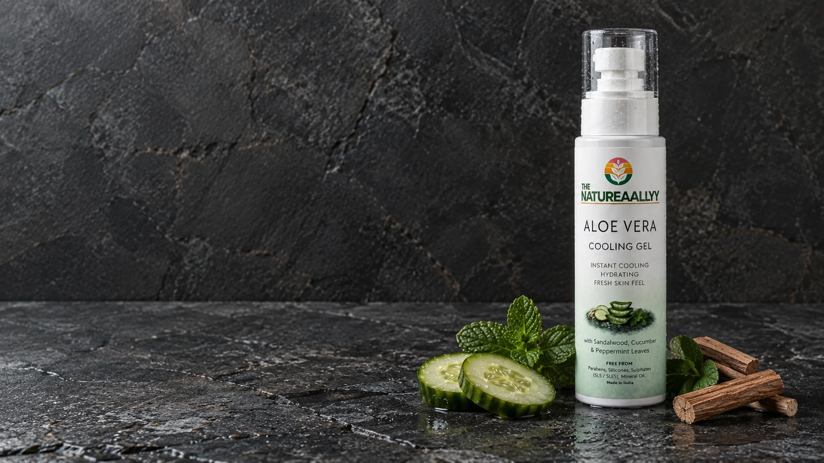Cooling Gel on dark stone with its featured botanicals