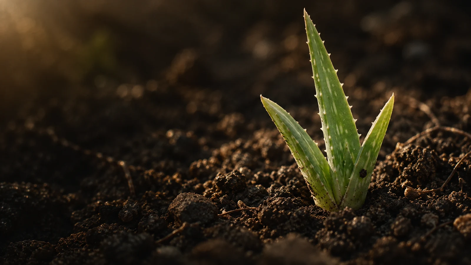 A young aloe plant emerging from soil