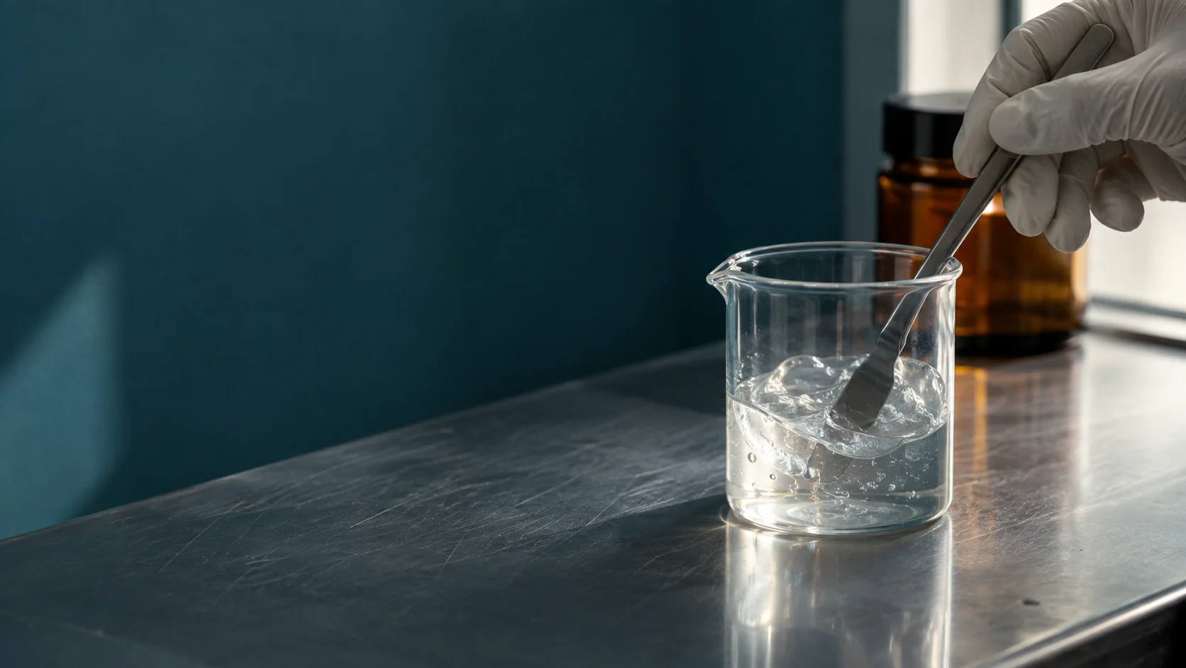 An illustrative close-up of gel being mixed in a glass beaker